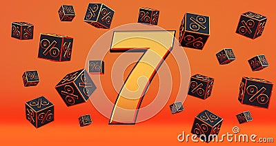 Gold seven 7 percent number with Black cubes percentages fly on a orange background. Stock Photo