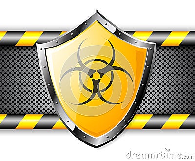 Gold shield with Biohazard sign over steel background Vector Illustration
