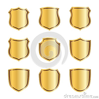 Gold shield shape icons set. 3D golden emblem signs isolated on white background. Symbol of security, power, protection Vector Illustration