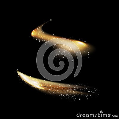 Gold shimmering waves motion lines, light bright effect on black abstract background, stars dust trail scatter vector illustration Vector Illustration