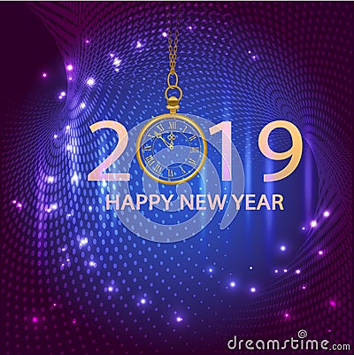 Gold shiny bokeh New Year 2019 card with clock and lights. Vector background. Vector Illustration