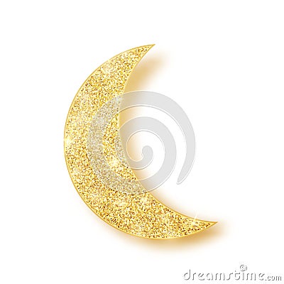 Gold shiny glitter glowing half moon with shadow isolated on white background. Crescent Islamic for Ramadan Kareem design element Vector Illustration