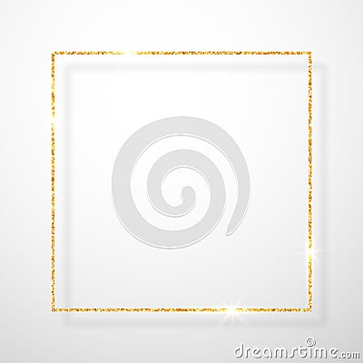 Gold shiny glitter glowing vintage frame with shadows isolated on transparent background. Golden luxury realistic rectangle border Vector Illustration