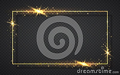 Gold shiny glitter glowing vintage frame with shadows isolated on transparent background. Golden luxury realistic rectangle border Vector Illustration