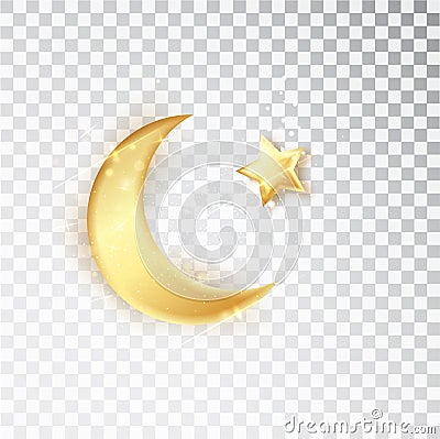 Gold shiny glowing half moon with star isolated on white background. Crescent Islamic for Ramadan Kareem design element Vector Illustration