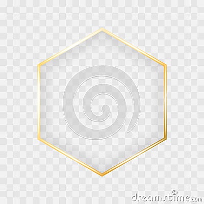 Gold shiny glowing hexagon frame isolated on transparent background. Vector border for creative design Vector Illustration