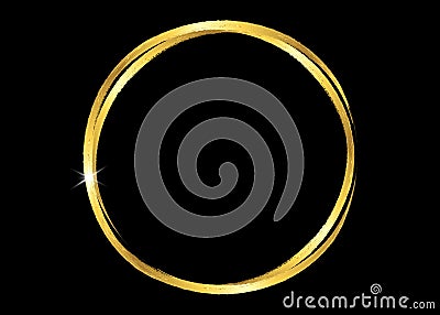 Gold shiny glowing vintage frame with golden brush strokes isolated or black background. Gold leaf luxury realistic round Vector Illustration