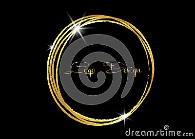 Gold shiny glowing vintage frame with golden brush strokes isolated or black background. Gold leaf luxury realistic round Vector Illustration