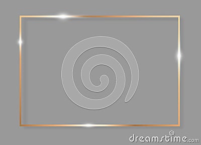 Gold shiny glowing vintage frame with shadows isolated on grey background. Golden luxury realistic rectangle border Vector Illustration