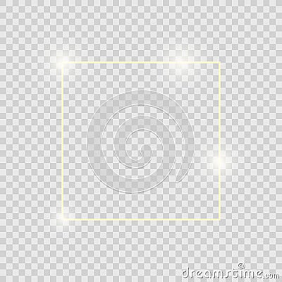 Gold shiny glowing vintage frame with shadows isolated on transparent background. Golden luxury realistic square border Vector Illustration