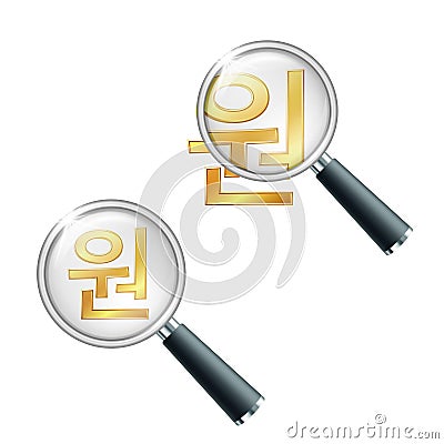 Korean won local symbol with magnifying glass. Vector Illustration