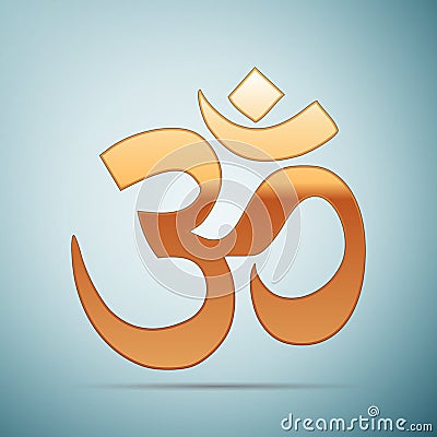 Gold sign Om. Symbol of Buddhism and Hinduism religions icon on blue background Vector Illustration