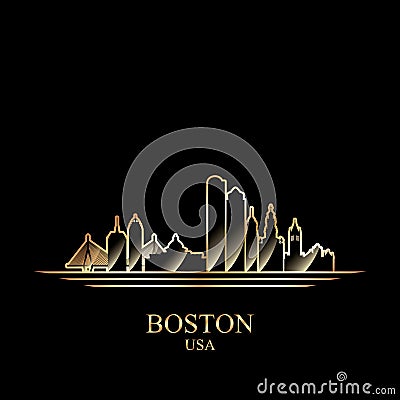 Gold silhouette of Boston on black background Vector Illustration