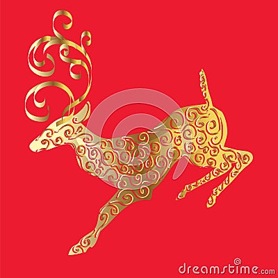 Gold silhouette of deer on red background. Vector Illustration