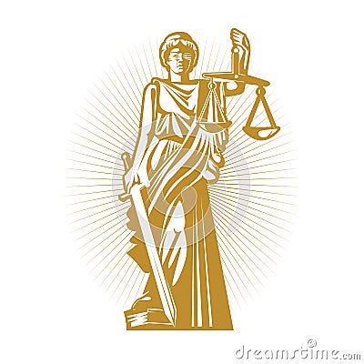 Gold silhouette the Greek goddess of justice with blindfold, scales and sword. Vector Illustration
