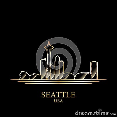 Gold silhouette of Seattle on black background Vector Illustration