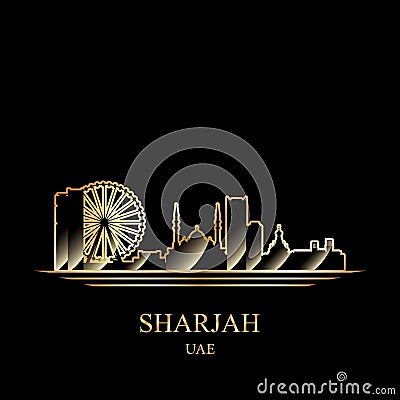 Gold silhouette of Sharjah on black background Vector Illustration