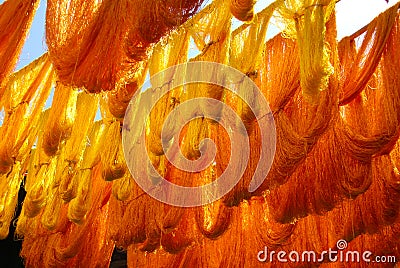 Gold Silk Strands Drying in a Moroccan Souq Stock Photo