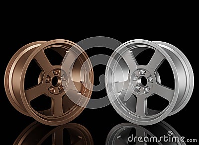 Gold with silver alloy rims wheel on a black Stock Photo