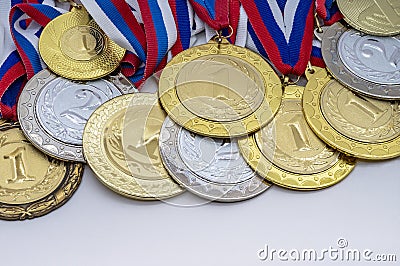 Gold and silver awards. Medals for achievements and conquest Stock Photo