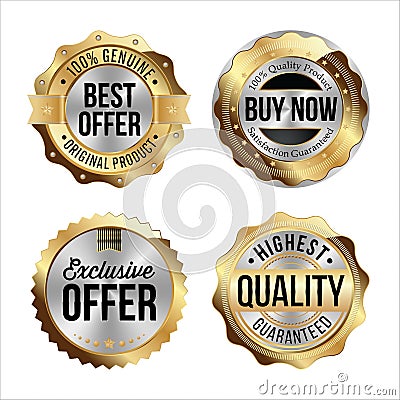 Gold and Silver Badges. Set of Four. Best Offer, Buy Now, Exclusive Offer, Highest Quality. Vector Illustration
