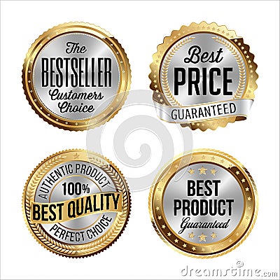 Gold and Silver Badges. Set of Four. Bestseller, Best Price, Best Quality, Best Product. Vector Illustration