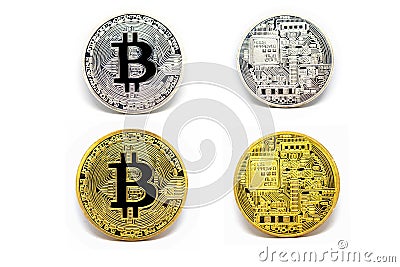 Gold and Silver bitcoin on isolate white background, Cryptocurrency Concept, Virtual money Concept Stock Photo