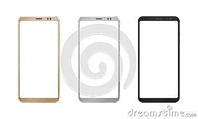 Gold, silver and black smart phone with round edges on isolated white background Stock Photo