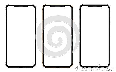 Gold, silver and black smartphones with blank screen, isolated on white background. Stock Photo