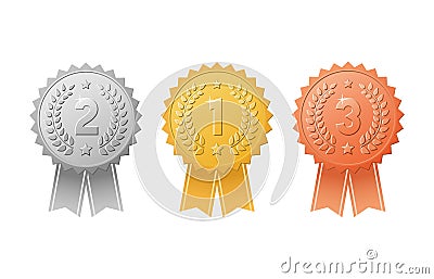 Gold, silver, bronze award badges with color ribbons vector set. Metal medal trophy seals for winners of the 1st, 2nd & 3rd places Vector Illustration
