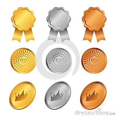 Gold, Silver And Bronze Award Medals with diamond and crown sign vector set design Vector Illustration