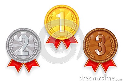 Gold silver bronze award sport 1st 2nd 3rd place medal red ribbon icons set vector illustration Vector Illustration