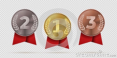 Gold, silver, bronze champion medal with red ribbon. First, second, third placement achievement bages. Realistic vector Vector Illustration