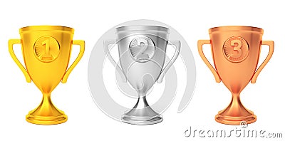 Gold silver bronze cup winner award isolated on white. 3d render Stock Photo