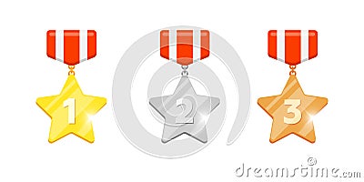 Gold silver bronze medal star reward set with first second third place number for video game or mobile apps animation Vector Illustration