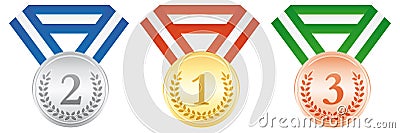 Gold, silver and bronze medals. Award ceremony icon. Vector Illustration