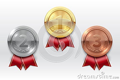 Gold silver bronze medals. Champion winner award metal medal. Honor badges realistic isolated vector set Vector Illustration