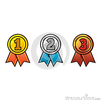 Gold, silver and bronze medals. Champion and winner awards medal set with red ribbon Vector Illustration