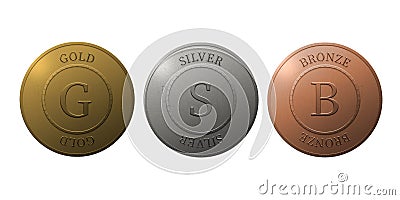 Gold, silver and bronze medals isolated on white. Round golden, silver and bronze medals with text on white background Stock Photo