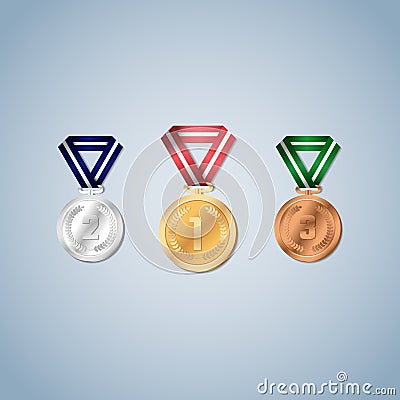 Gold, silver and bronze medals with laurel leaf on the medal face. Vector Illustration