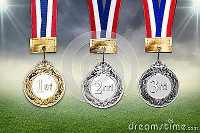 Gold, silver and bronze medals with ribbons Stock Photo