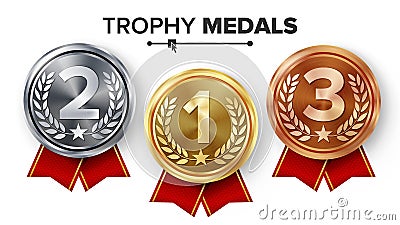 Gold, Silver, Bronze Medals Set Vector. Metal Realistic Badge With First, Second, Third Placement Achievement. Round Vector Illustration