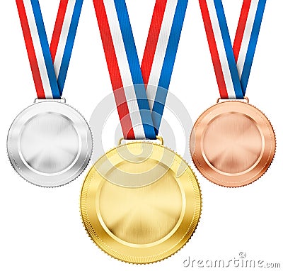 Gold, silver, bronze medals with tricolor ribbons Stock Photo