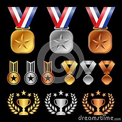 Gold silver bronze medals , Trophy Cup Olive leaf , start award vector set design Vector Illustration