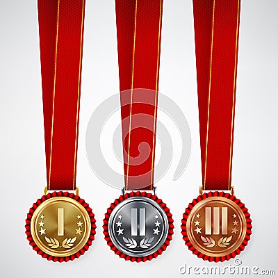 Gold, Silver, Bronze Place Badge, Medal Set Vector. Realistic Achievement With First, Second, Third Placement. Round Championship Vector Illustration