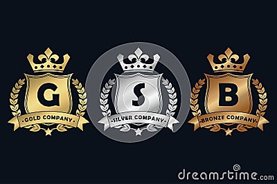 Gold, silver and bronze royal design logo with shield, crown, laurel wreath and ribbon. Luxury logotype template for company. Vector Illustration