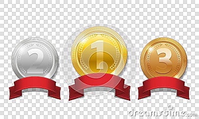 Gold, silver and bronze shiny medals with red ribbons isolated on transparent background. Champion Award Medals sport Vector Illustration