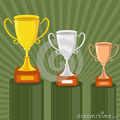 Gold, Silver and Bronze Trophy Vector Illustration