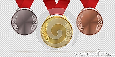 Gold silver and bronze trophy medals. First, second, third place realistic medal with laurel leaves hanging on ribbons Vector Illustration