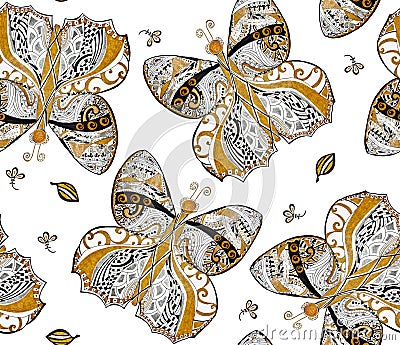 Gold, silver butterfly seamless pattern on white background. Abstract ornamental butterflies painted gold, silver, black Stock Photo